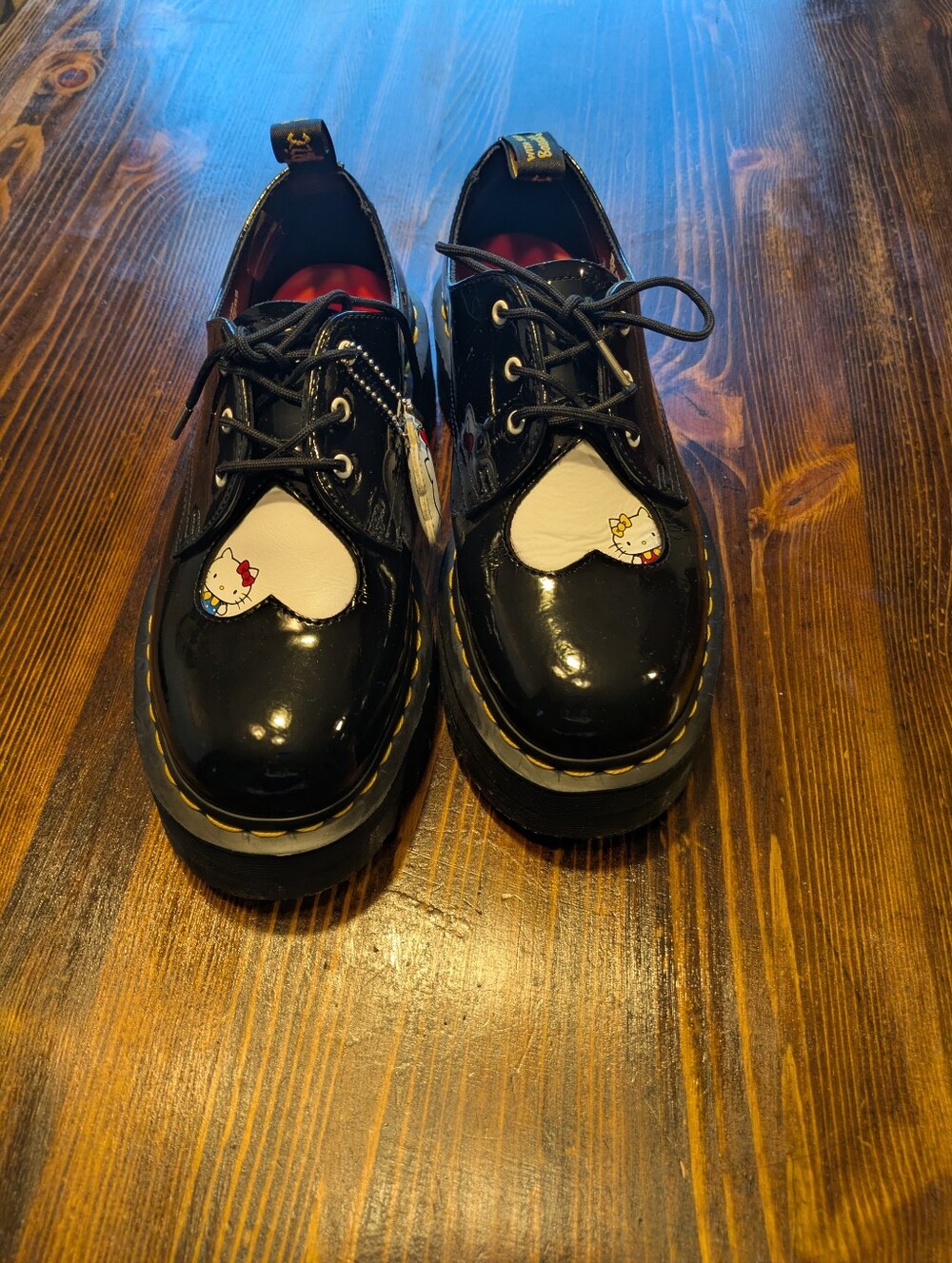 Dr Marten Black Patent Platform Shoes with White Heart Hello Kitty Detail